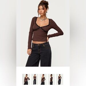 Edikted  Long-Sleeve Brown Lace-Trim Scoop Neck Top